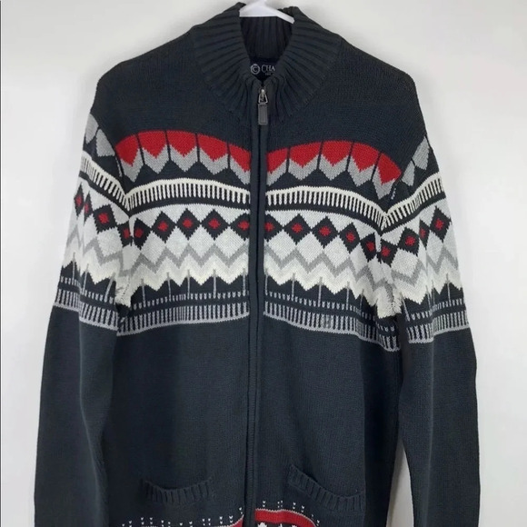 New Chaps Zip Front Cardigan Sweater Chevron Ski M - Picture 7 of 7